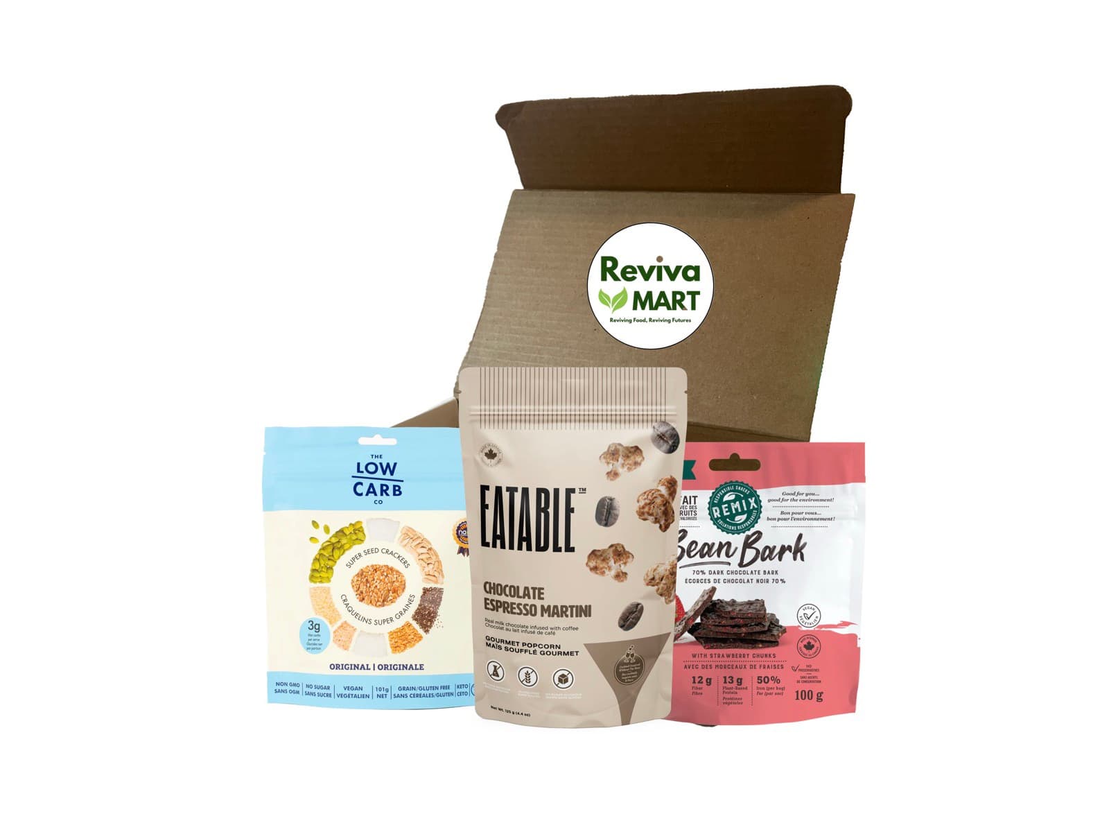 A Reviva Mart mystery box with Low Carb Co, Eatable and Remix snacks