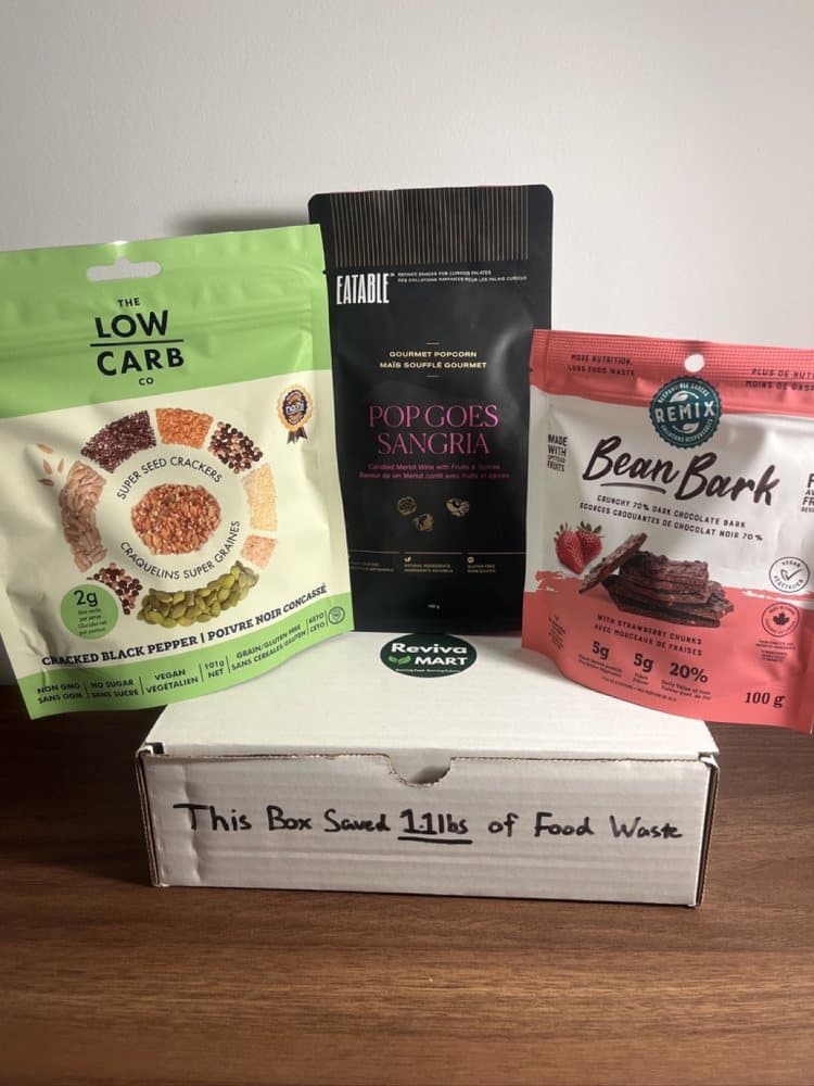 A Reviva box labelled 'This box saved 1.1 lbs of food waste'