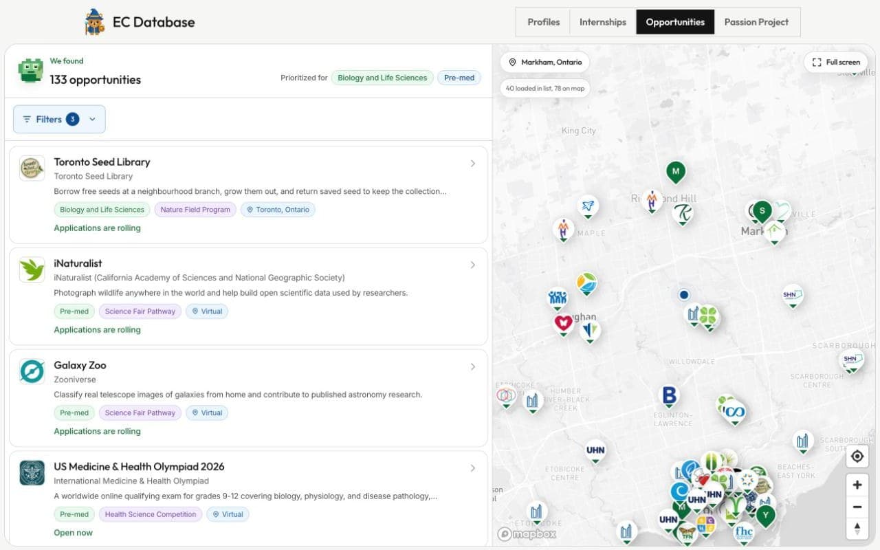 EC Database opportunity map: a list of 133 opportunities beside a map of Toronto dotted with organization logos