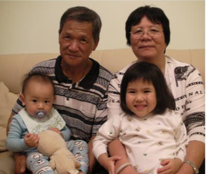 Me as a baby holding Brother, with my grandparents and cousin